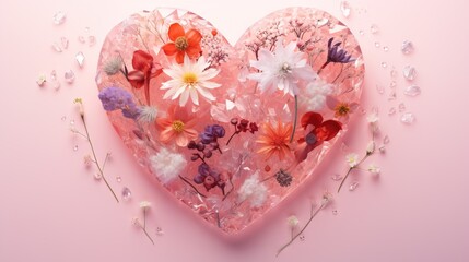  a pink heart shaped object with flowers on a pink background.  generative ai