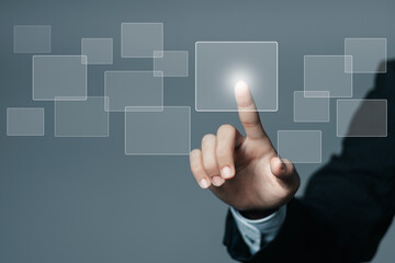 Processing management. Businessman touch flowchart virtual screen. Business process and workflow with flowchart.