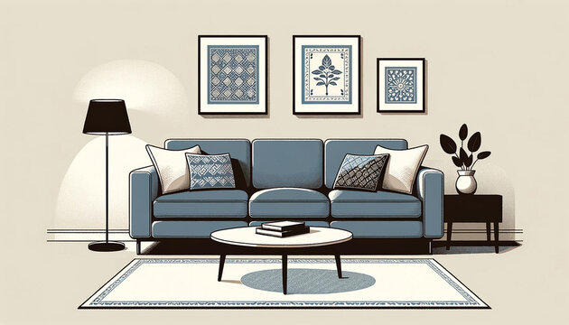 Photo of a minimalist living room featuring batik wall decorations and a pitch-blue sofa as the centerpiece