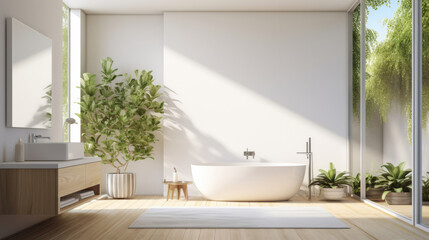 Fototapeta na wymiar Modern bathroom interior design. Minimalist white open air bathroom with plants
