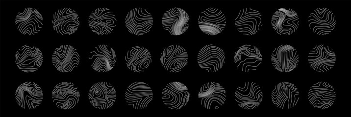 Tree ring texture. Wooden rings. Circle topographic map. White line print in circle on black background.