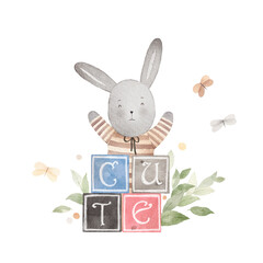 Cute bunny plays with wooden cubes. Watercolor illustration. Can be used for cards, invitations, baby shower, posters.