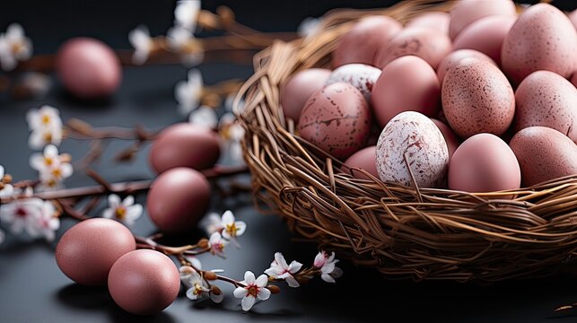 side view to easter composition with a wicker basket filled with pink eggs. Easter banner