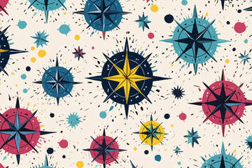 Compass rose quirky doodle pattern, wallpaper, background, cartoon, vector, whimsical Illustration