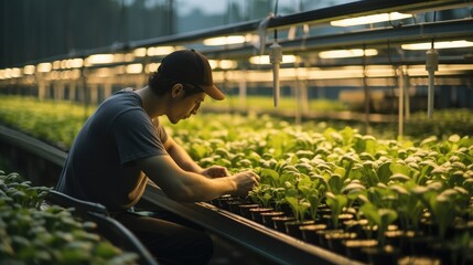 Agricultural Researchers monitoring vegetables in a hydroponic greenhouse.