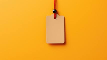 Empty price tag hanging from a red ribbon against yellow background