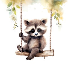 Cute baby raccoon in watercolour style, sitting on swings attached to the tree.