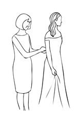 mature woman helps girl with dress. The bride and her mother choose a dress or the morning before the wedding. wedding linear illustration in doodle style