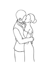 man and a woman are kissing, the man is in a tuxedo, and the woman is in an evening dress. linear vector illustration of bride and groom kissing