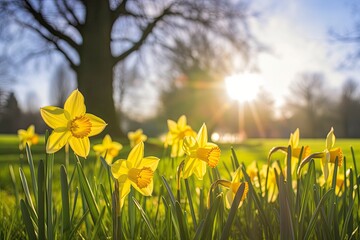 Fototapeta premium Daffodils in spring backlit by sun.