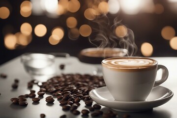 Set with cups of hot aromatic espresso coffee on transparent background Banner design
