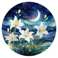 Watercolor fairy lilies blooming under a starry night sky on a white background.