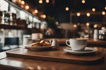 This stunning coffee shop photograph featuring a cozy shelf and table setup perfect for a cafe - obrazy, fototapety, plakaty