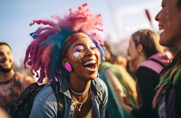 Uma linda mulher sorridente com cabelos coloridos visual moderno em um festival de musica - obrazy, fototapety, plakaty