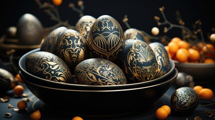 The basket with black eggs with gold print. Gorgeous Easter basket