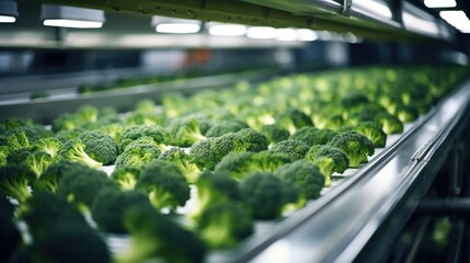 Broccoli, Production of broccoli on conveyor belt in factory, Concept with automated food production. - obrazy, fototapety, plakaty