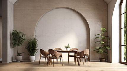 Modern interior design dining room, with beige walls and furniture render