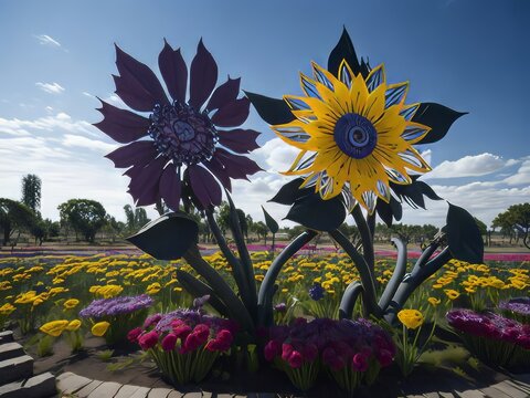 Una instalaci&oacute;n caprichosa con paneles solares en forma de flores, que florecen con energ&iacute;a y dan vida al entorno
