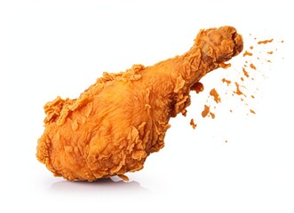 Fried chicken leg falling in the air isolated on a white background.