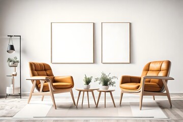 A Glimpse into a Modern Scandinavian Living Room with Two Armchairs and a Striking Poster in a White-Walled Setting.