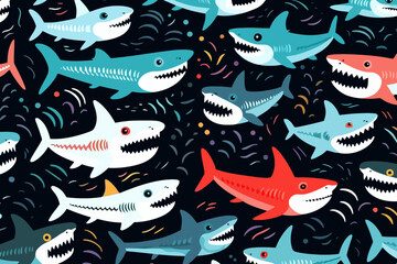Sharks quirky doodle pattern, wallpaper, background, cartoon, vector, whimsical Illustration - obrazy, fototapety, plakaty