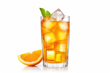 A glass of orange soda water with ice cubes on white background.