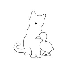 Vector isolated cat kittean and duckling duck colorless black and white contour line easy drawing