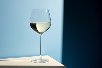glass of white wine on blue background