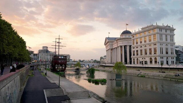 Archaeological Museum of Macedonia at twilight in Skopje, North Macedonia. Slow panning shot.