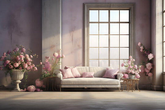 living room interior with pink flowers and vintage window
