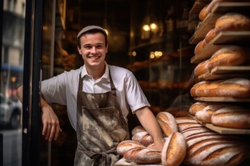 A bakery owner smiling face at his bakery