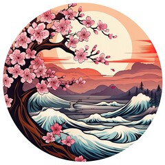 Cherry blossoms in the sunset background. Japanese tattoo style.