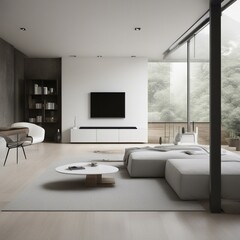 Stylish apartment interior with modern kitchen. Idea for home design, Stylish scandinavian living room interior with design mint sofa, furnitures, mock up poster map  Generative AI