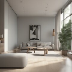 Stylish apartment interior with modern kitchen. Idea for home design, Stylish scandinavian living room interior with design mint sofa, furnitures, mock up poster map  Generative AI
