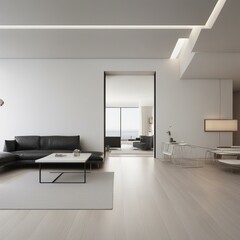 Stylish apartment interior with modern kitchen. Idea for home design, Stylish scandinavian living room interior with design mint sofa, furnitures, mock up poster map  Generative AI