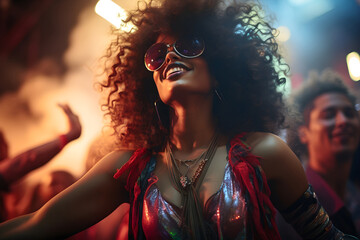 Young cheerful stylish afro woman having fun dancing in a disco - obrazy, fototapety, plakaty