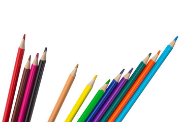 Fototapeta premium Scattered multi-colored pencils isolated on a transparent background.