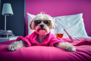 Pet dog canine terrier funny cute portrait animal puppy white sunglasses - obrazy, fototapety, plakaty