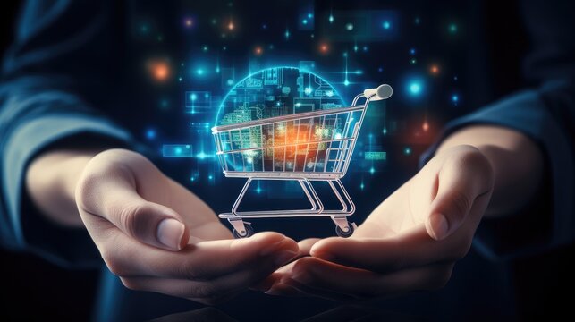 Online shopping business concept, Virtual infographics with trolley cart icons technology on hand.