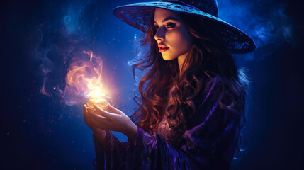 Beautiful witch casting a spell on mysterious night - obrazy, fototapety, plakaty