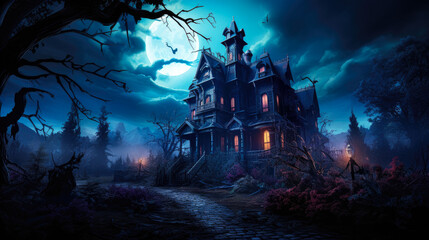 Fototapeta na wymiar Classic Halloween scene, eerie night at the haunted Victorian mansion