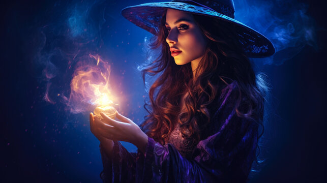 Beautiful witch casting a spell on mysterious night