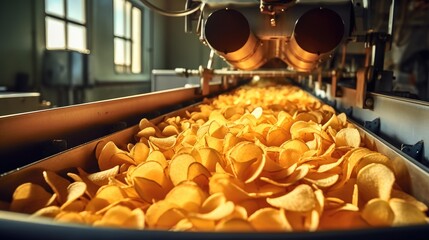 Crisps, Production of Crisps on conveyor belt in factory, Concept with automated food production. - obrazy, fototapety, plakaty