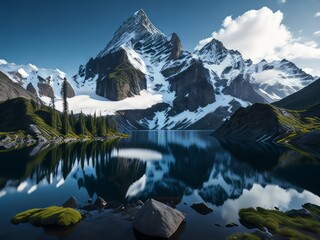 Una majestuosa cadena montañosa, con picos nevados que se elevan hacia el cielo, rodeada de frondosos bosques verdes y lagos cristalinos - obrazy, fototapety, plakaty