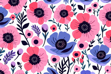 Anemones quirky doodle pattern, wallpaper, background, cartoon, vector, whimsical Illustration