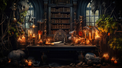 Witch's apothecary with candles and mysterious spell books - obrazy, fototapety, plakaty