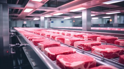Fresh meat, Production of fresh meat on conveyor belt in factory, Concept with automated food production. - obrazy, fototapety, plakaty