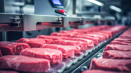 Raw meat cuts on a industrial conveyor belt, Meat processing in food industry. - obrazy, fototapety, plakaty