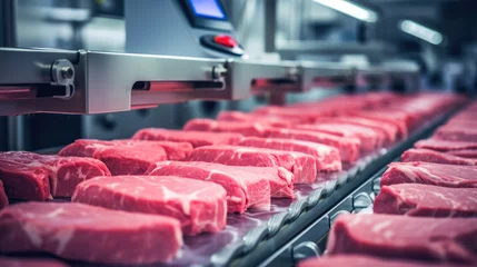 Fotobehang Raw meat cuts on a industrial conveyor belt, Meat processing in food industry. © visoot
