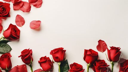  a bunch of red roses on a white background with leaves.  generative ai